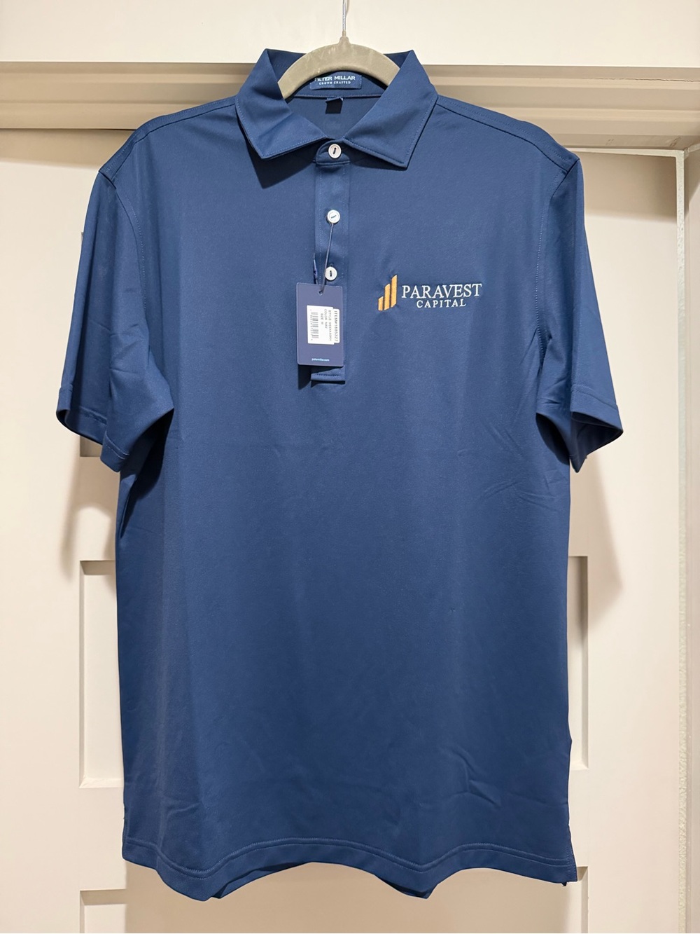 Peter Millar Crown Crafted Navy Performance Polo with a company Logo M NWT